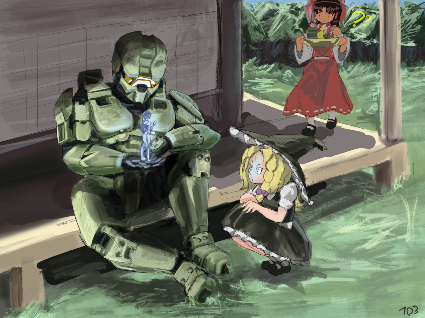 103anon 1boy 3girls apron armor ascot assault_visor blonde_hair blue_eyes blue_hair blue_lips blue_skin bodypaint bow braid breasts colored_skin cortana crossover detached_sleeves frilled_bow frilled_hair_tubes frills green_armor green_helmet hair_bow hair_tubes hakurei_reimu halo_(series) hat hat_bow helmet highres holding hologram kirisame_marisa master_chief multiple_girls outdoors pink_bow power_armor red_bow red_skirt ribbon-trimmed_sleeves ribbon_trim short_hair side_braid single_braid skirt skirt_set spartan_(halo) touhou waist_apron witch_hat yellow_ascot yellow_eyes