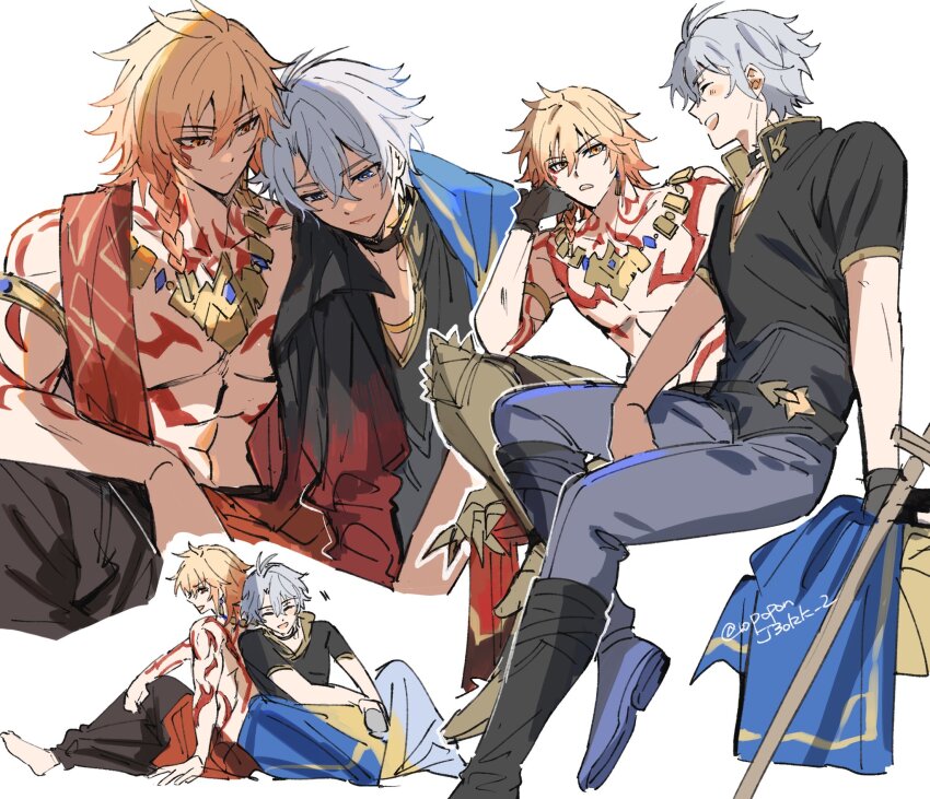 2boys black_gloves black_shirt blue_eyes closed_eyes gloves grey_hair head_rest highres honkai:_star_rail honkai_(series) male_focus multiple_boys multiple_views muscular muscular_male mydei_(honkai:_star_rail) open_mouth orange_eyes orange_hair phainon_(honkai:_star_rail) red_tattoo shirt short_sleeves simple_background sitting smile teeth toramaru_(696anna) twitter_username upper_teeth_only white_background