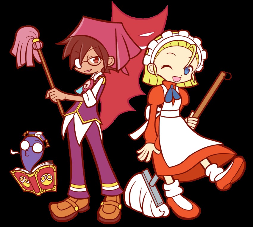 1boy 1girl apron blonde_hair blue_eyes book brown_hair cleaning clock compile dress duster full_body kikimora_(monster_monster) kikimora_(puyopuyo) klug_(puyopuyo) loafers madou_monogatari maid maid_apron maid_headdress mop mzkn002 official_style one_eye_closed pants puyopuyo puyopuyo_fever red_dress red_eyes red_footwear shoes short_hair smile strange_klug transparent_background white_background wink