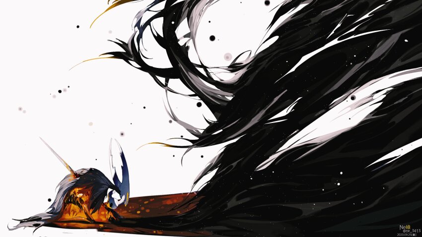 artist_name chinese_commentary cloak commentary_request dated defeat glowing grey_cloak height_difference highres hollow_eyes hollow_knight hollow_knight_(character) horned_mask impaled injury kneeling knight_(hollow_knight) mask mixed-language_commentary nail_(hollow_knight) ne_lu shadow spoilers standing torn_cloak torn_clothes weapon white_background white_mask yellow_eyes