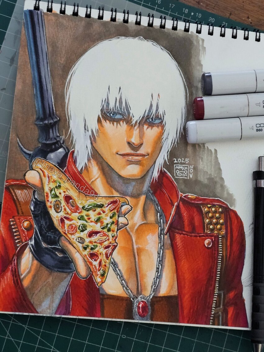 1boy 2025 art_tools_in_frame black_gloves blue_eyes closed_mouth coat collarbone commentary dante_(devil_may_cry) devil_may_cry devil_may_cry_(series) devil_may_cry_3 fingerless_gloves food gloves hair_between_eyes high_collar highres holding holding_food holding_pizza jewelry looking_at_viewer male_focus marker marker_(medium) maya_panda muscular muscular_male necklace open_clothes open_coat pectorals photo_(medium) pizza pizza_slice red_coat signature smile solo sword sword_on_back symbol-only_commentary traditional_media upper_body weapon weapon_on_back white_hair zipper