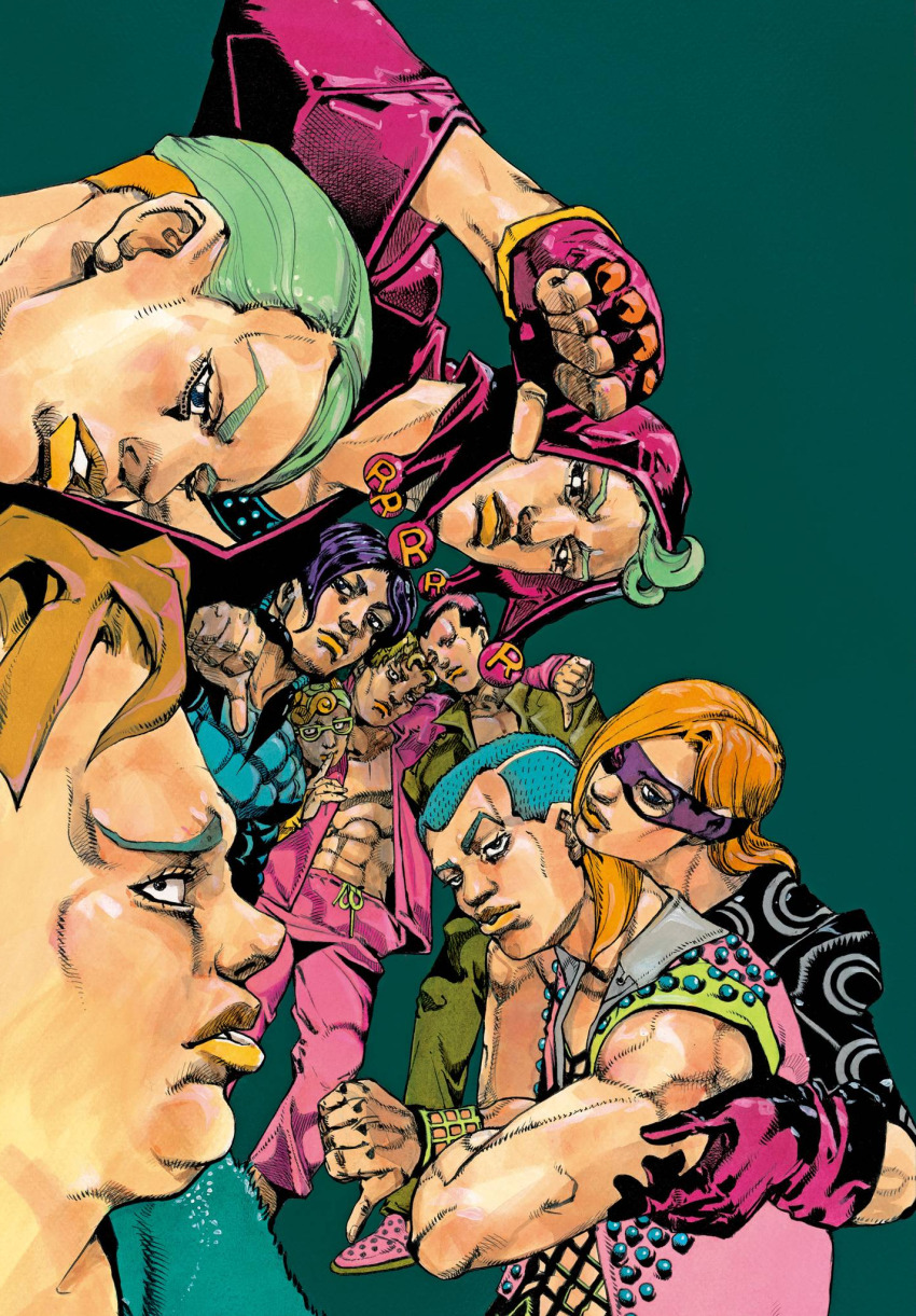 6+boys abs araki_hirohiko black_eyes black_sclera blue_eyes blue_hair brown_hair buzz_cut cheekbones colored_sclera crosshatching domino_mask fingerless_gloves formaggio ghiaccio gloves green_background green_hair hatching_(texture) highres illuso jacket jewelry jojo_no_kimyou_na_bouken long_hair looking_at_viewer male_focus mario_zucchero mask melone multicolored_hair multiple_boys muscular non-web_source official_style open_clothes orange_hair orange_lips pants pesci pink_gloves pink_hood pink_jacket pink_pants prosciutto purple_hair purple_mask risotto_nero sale_(jojo) short_hair thumbs_down two-tone_hair vento_aureo very_short_hair white_eyes