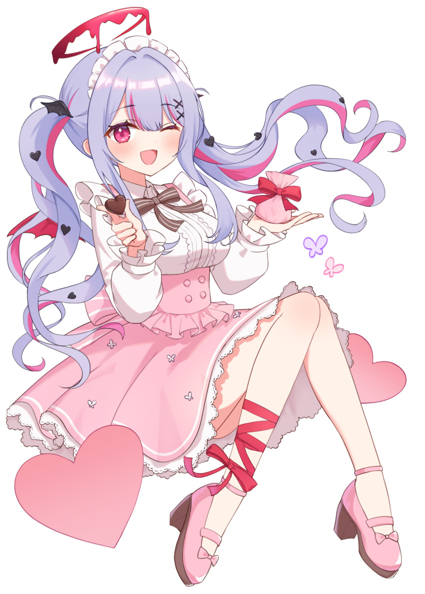1girl bag bat_hair_ornament black_bow black_bowtie blue_hair bow bowtie breasts candy chocolate chocolate_heart food frilled_skirt frilled_sleeves frills furutori hair_between_eyes hair_ornament halo heart heart-shaped_food high-waist_skirt highres hino_ageha holding holding_bag holding_chocolate holding_food indie_virtual_youtuber knees_together_feet_apart long_hair long_sleeves looking_at_viewer maid_headdress medium_breasts money_bag multicolored_hair one_eye_closed pink_eyes pink_hair pink_skirt red_halo red_ribbon ribbon shirt simple_background sitting skirt smile solo streaked_hair twintails valentine very_long_hair virtual_youtuber white_background white_shirt x_hair_ornament