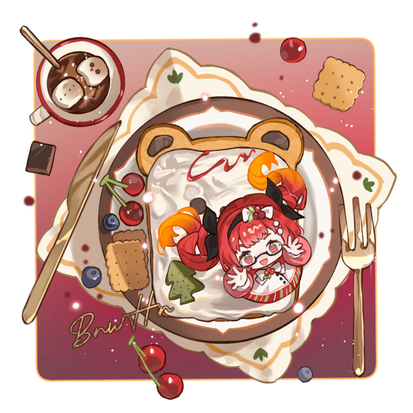 1girl :d angela_(wangzhe_rongyao) black_hairband border bow bread bread_slice cherry chibi chilizi cookie cream cup dress food food_focus from_above fruit full_body glasses gradient_hair hair_bow hairband hands_up highres long_hair looking_at_viewer multicolored_hair open_mouth orange_hair oversized_food oversized_fork oversized_object plate red_background red_dress red_eyes red_hair smile solo table_knife toast twintails wangzhe_rongyao white_border white_bow