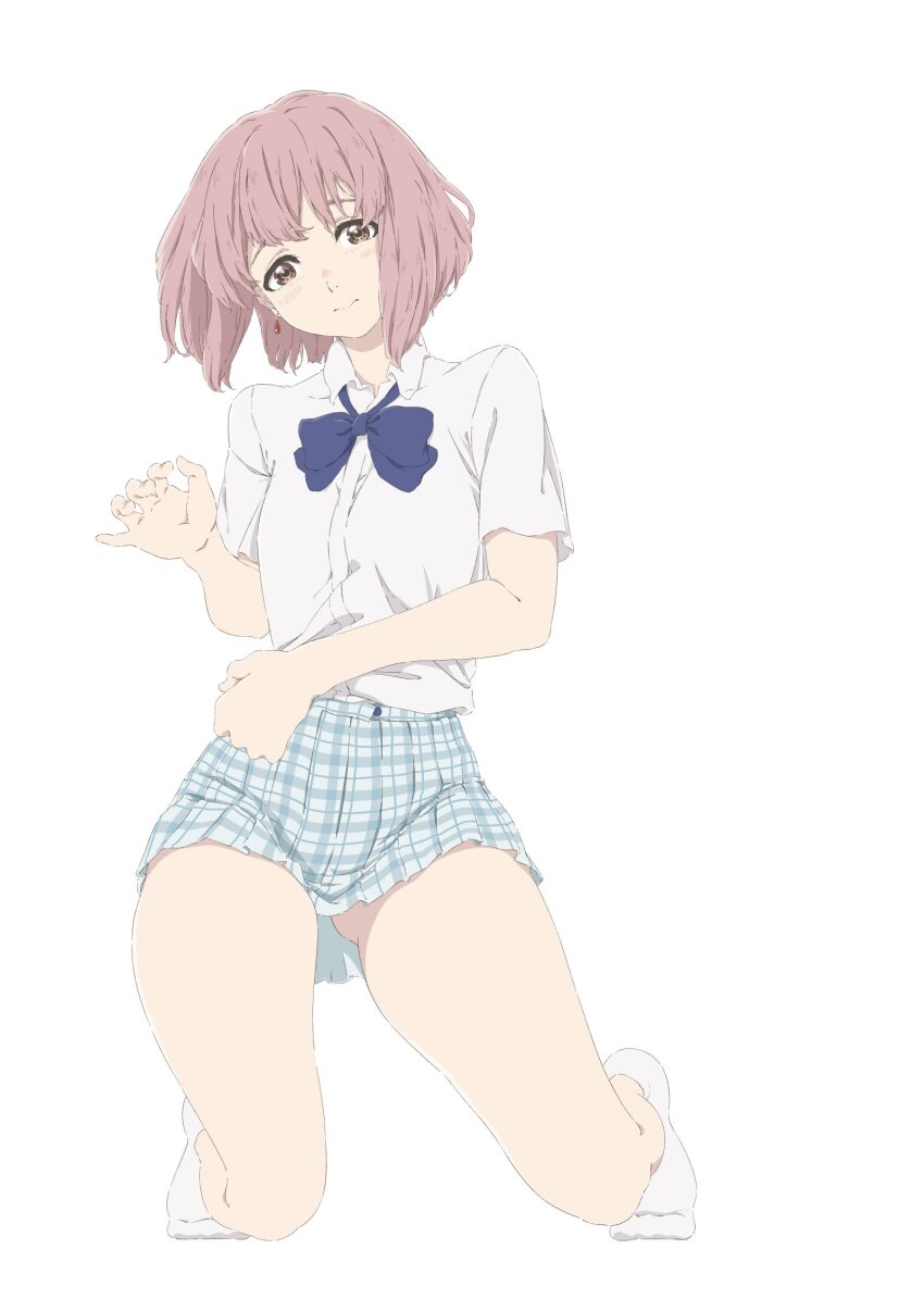 1girl ankle_socks blue_bow blue_bowtie blue_skirt bob_cut bow bowtie brown_eyes dress_shirt earrings full_body gluteal_fold highres jewelry koe_no_katachi kyoto_animation light_blush looking_at_viewer medium_hair nishimiya_shouko pink_hair plaid_clothes plaid_skirt pleated_skirt shirt skirt socks solo tanaka29556626 tareme white_background