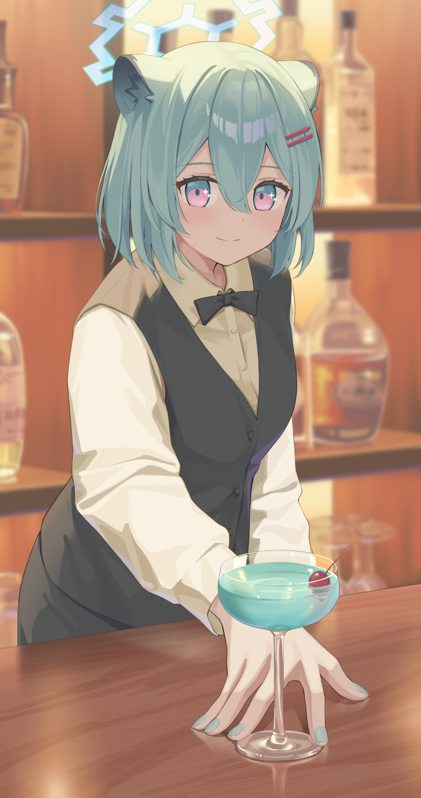 1girl =_hair_ornament absurdres alternate_costume animal_ear_fluff animal_ears backlighting bartender black_bow black_bowtie black_vest blue_archive blue_halo blush bottle bow bowtie cherry closed_mouth cocktail_glass collared_shirt commentary_request cowboy_shot cup double-parted_bangs dress_shirt drink drinking_glass eyelashes food fruit green_hair green_nails hair_between_eyes hair_ornament hairclip halo highres hotarihotaru indoors leaning_forward long_sleeves looking_at_viewer medium_hair nail_polish purple_eyes shigure_(blue_archive) shirt smile solo sparkling_eyes split_mouth straight_hair vest weasel_ears weasel_girl white_shirt