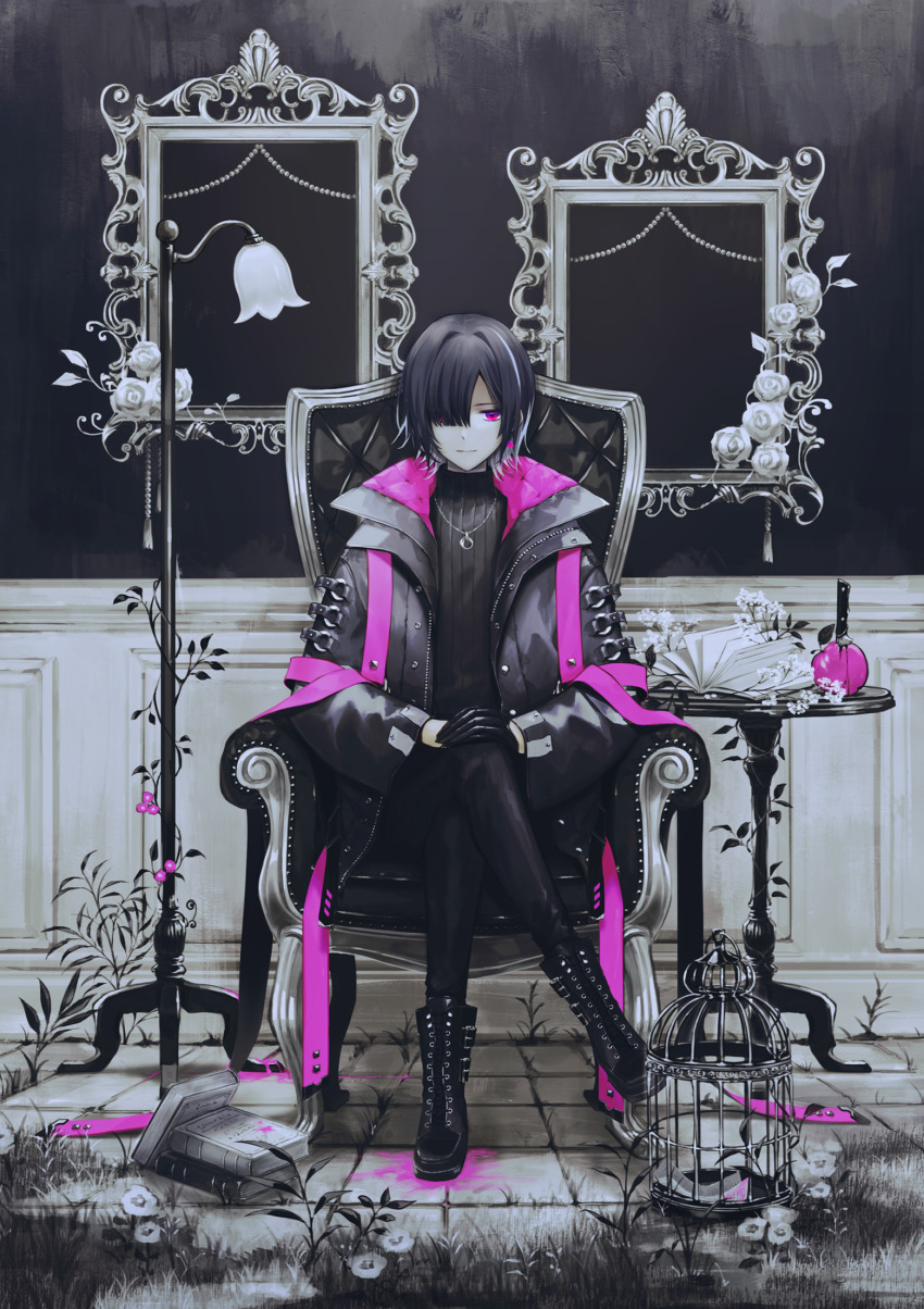1boy apple armchair baby&#039;s-breath birdcage black_hair black_pants black_sweater blood blood_splatter blunt_bangs book boots cage chair commentary crossed_legs earrings empty_picture_frame english_commentary flower food fruit full_body grass hair_over_one_eye hands_on_own_knee highres jacket jewelry knife lace-up_boots lamp light_smile long_sleeves looking_at_viewer male_focus mixed-language_commentary mrsk_moko multicolored_hair necklace open_book open_clothes open_jacket original own_hands_together padded_jacket pants picture_frame pink_blood pink_eyes pink_flower pink_jacket pink_ribbon plant ribbon ring ring_necklace rose short_hair sitting solo stab straight-on streaked_hair sweater tile_floor tiles triangle_earrings turtleneck turtleneck_sweater two-sided_fabric two-sided_jacket vines white_flower white_hair white_rose zipper