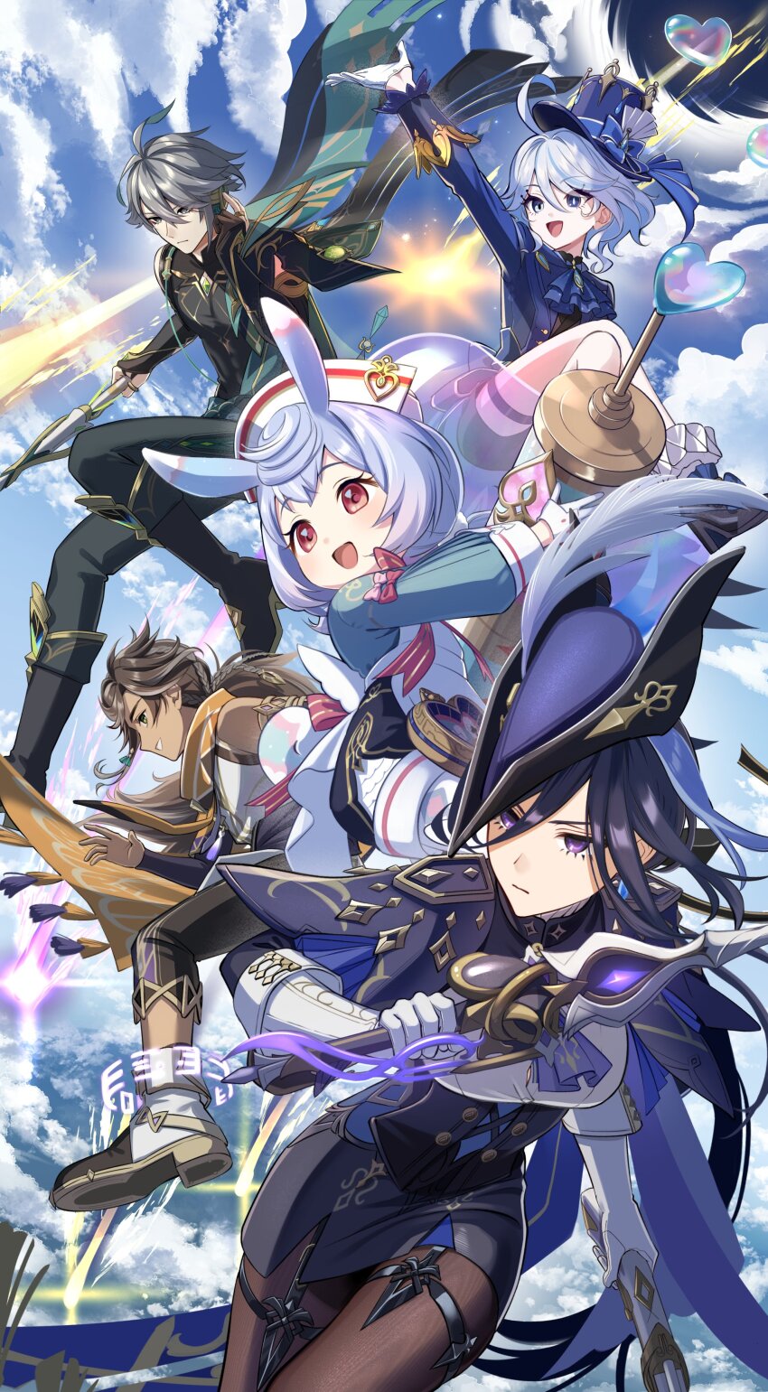2boys 3girls absurdres alhaitham_(genshin_impact) animal_ears ascot black_pants black_shirt blue_eyes blue_hair blue_jacket bow bowtie breasts brown_hair clorinde_(genshin_impact) closed_mouth dark-skinned_male dark_skin earrings furina_(genshin_impact) genshin_impact gloves green_eyes grey_hair hair_between_eyes hair_ornament hair_over_one_eye hat hat_feather highres holding holding_syringe holding_weapon jacket jewelry large_breasts long_hair long_sleeves looking_at_viewer low_twintails multicolored_hair multiple_boys multiple_girls narahazime nurse_cap open_mouth pants pantyhose purple_eyes red_eyes sethos_(genshin_impact) shirt short_hair sigewinne_(genshin_impact) smile streaked_hair syringe tricorne twintails upper_body weapon white_gloves white_hair