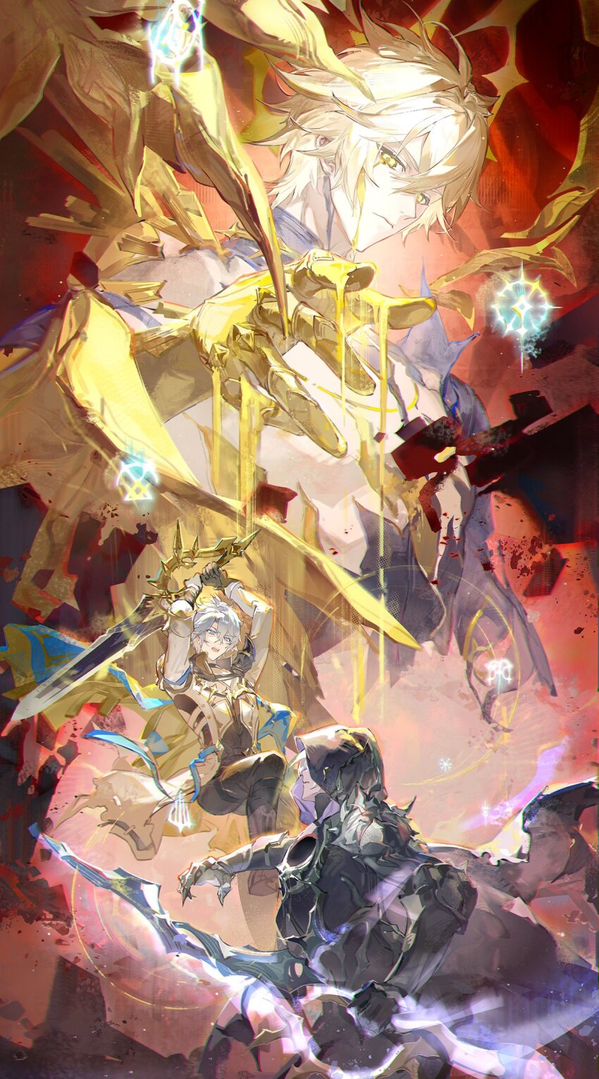 3boys alternate_form antenna_hair armor arms_up asymmetrical_wings black_choker black_cloak black_gloves black_shirt black_wings blonde_hair blue_eyes choker clawed_gauntlets cloak coat commentary cracked_skin english_commentary fingerless_gloves flame_reaver_of_the_deepest_dark gloves hair_between_eyes halo halo_behind_head highres holding holding_sword holding_weapon honkai:_star_rail honkai_(series) hood hood_up hooded_cloak male_focus material_growth multiple_boys multiple_persona parted_bangs pauldrons phainon_(honkai:_star_rail) qingming_tiaohetu shirt short_hair shoulder_armor single_glove single_pauldron sword torn_clothes torn_shirt weapon white_coat white_hair wings yellow_blood yellow_eyes yellow_wings
