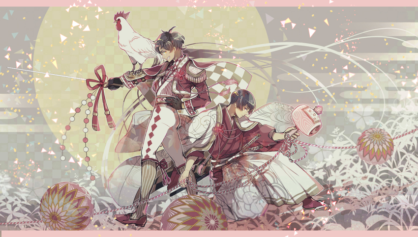 2boys animal_on_arm argyle_clothes argyle_pants argyle_shirt axis_powers_hetalia belt bird bird_on_arm black_cape black_eyes black_gloves black_hair black_socks brown_footwear brown_hair cape checkered_cape checkered_clothes chicken collared_shirt commentary_request dark-skinned_male dark_skin epaulettes field fingernails floral_print flower flower_field flower_knot full_body gloves grey_background grin hakama hammer hand_on_own_hip haori holding holding_hammer holding_sword holding_weapon jacket jacket_on_shoulders japan_(hetalia) japanese_clothes katana kimono kneehighs letterboxed long_sleeves looking_at_viewer male_focus messy_hair midou_(midooooooooh) miracle_mallet multiple_boys open_clothes open_jacket orange_eyes pants red_belt red_cape red_footwear red_jacket red_kimono red_ribbon red_shirt red_sleeves red_socks red_vest ribbon rooster sandals sheath sheathed shirt shoes short_hair short_kimono smile socks spain_(hetalia) striped_clothes striped_socks striped_vest sword tabi two-sided_cape two-sided_fabric two-tone_cape two-tone_shirt vertical-striped_clothes vertical-striped_socks vertical-striped_vest vest weapon white_cape white_hakama white_jacket white_pants white_shirt wide_sleeves zouri