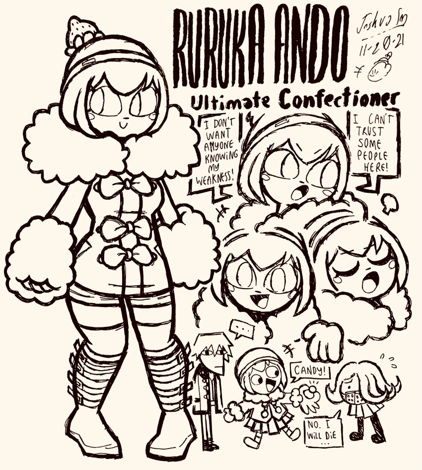 ... 1boy 2girls :&gt; :d absurdres ando_ruruka beanie blush blush_stickers boots bow candy censored character_name closed_eyes coat danganronpa_(series) danganronpa_3_(anime) dated doodle_inset english_text eyelashes flying_sweatdrops food full_body fur-trimmed_coat fur_trim greyscale hat hatching_(texture) highres holding holding_candy holding_food izayoi_sounosuke josh-s26 kimura_seiko mask monochrome mosaic_censoring mouth_mask multiple_girls multiple_views open_mouth puff_of_air short_hair signature simple_background skirt smile speech_bubble spoken_ellipsis standing strawberry_hat_ornament v-shaped_eyebrows white_background