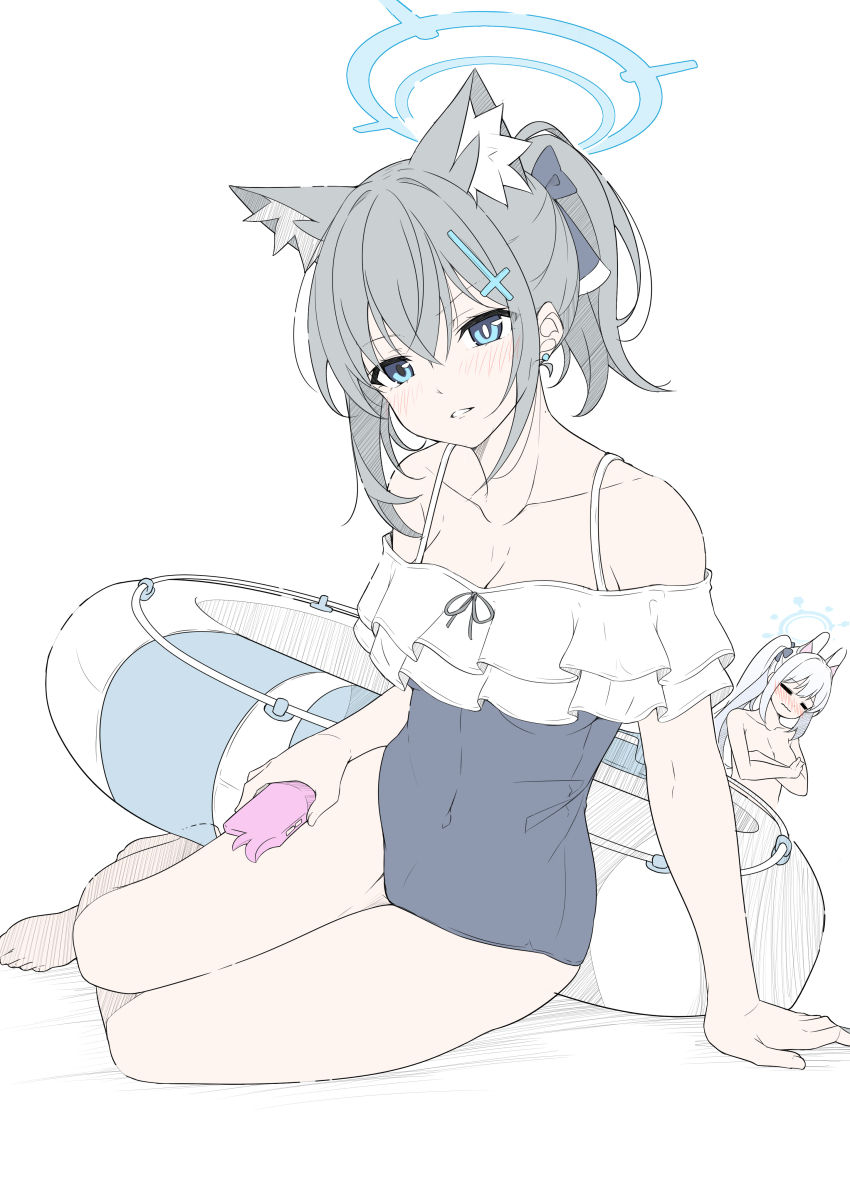 2girls absurdres alternate_costume animal_ear_fluff animal_ears black_one-piece_swimsuit blue_archive blue_eyes breasts casual_one-piece_swimsuit closed_eyes closed_mouth commentary cosplay covering_breasts covering_privates cross_hair_ornament earrings extra_ears fake_animal_ears grey_hair hair_ornament halo highres innertube jewelry looking_at_viewer medium_breasts miyako_(blue_archive) miyako_(blue_archive)_(cosplay) miyako_(swimsuit)_(blue_archive) multiple_girls one-piece_swimsuit ponytail rabbit_ears revision shiroko_(blue_archive) sidelocks sitting solo_focus swim_ring swimsuit symbol-only_commentary t1kosewad white_hair wolf_ears