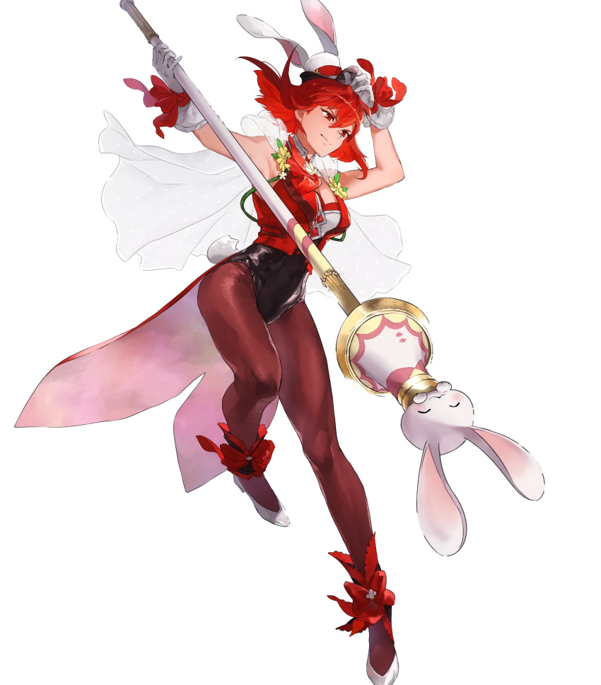 1girl breasts capelet female_focus fire_emblem fire_emblem:_mystery_of_the_emblem fire_emblem_heroes full_body gloves hat high_heels highres leotard matching_hair/eyes mayo_(becky2006) medium_breasts minerva_(fire_emblem) minerva_(spring)_(fire_emblem) mini_hat nintendo official_art pantyhose polearm rabbit_tail red_eyes red_hair short_hair sleeveless smile solo tail transparent_background weapon white_footwear white_gloves