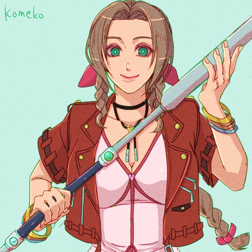 1girl aerith_gainsborough artist_name bangle bracelet braid braided_ponytail breasts brown_hair choker cleavage closed_mouth cropped_jacket dress final_fantasy final_fantasy_vii final_fantasy_vii_remake flower_choker green_background green_eyes hair_ribbon highres holding holding_staff jacket jewelry komeko_(strikek-lvvjm27) long_hair looking_at_viewer medium_breasts parted_bangs pink_dress pink_ribbon red_jacket ribbon short_sleeves sidelocks single_braid smile solo staff upper_body
