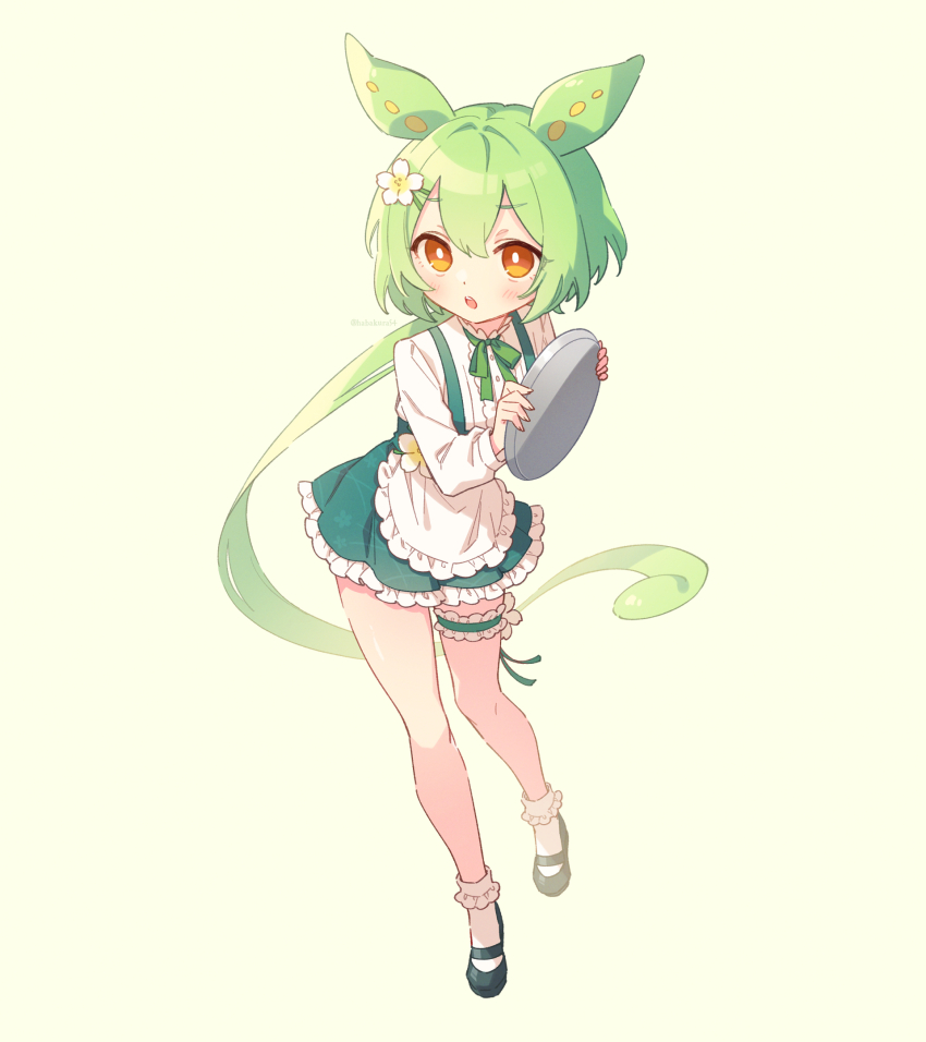 1girl apron blush bobby_socks dress flat_chest flower frilled_thigh_strap full_body goshi-san green_hair hair_flower hair_ornament highres holding holding_tray long_hair looking_at_viewer low_ponytail mary_janes open_mouth orange_eyes ponytail shoes simple_background socks solo thigh_strap tray voicevox waitress waitress_zundamon white_background zundamon