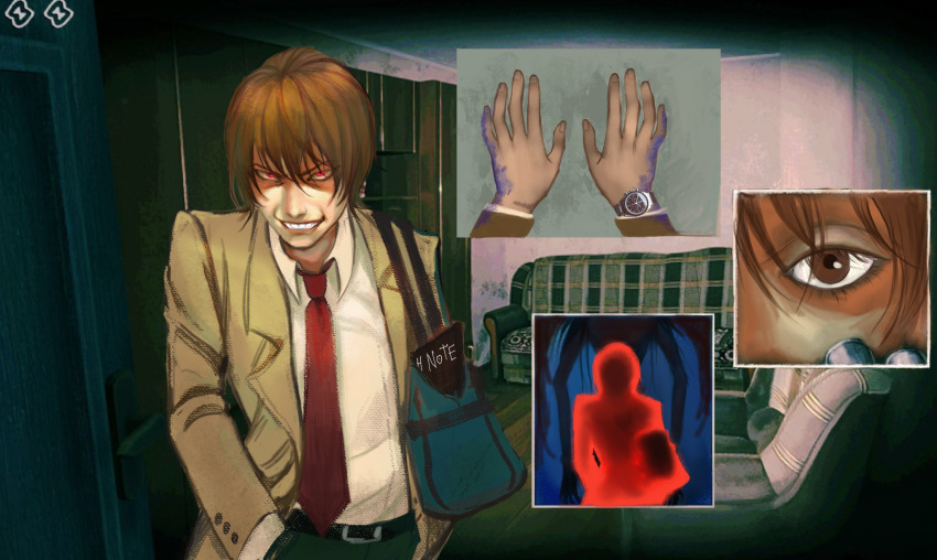 1boy bags_under_eyes belt blazer brown_eyes brown_hair close-up couch crossover death_note death_note_(object) dirty_hands evil_grin evil_smile eyelashes fingernails glowing glowing_eyes grin highres in-universe_location indoors ink jacket male_focus margonika00 necktie no_i&#039;m_not_a_human no_i&#039;m_not_a_human_(style) nose photo_(object) realistic red_eyes red_necktie ryuk smile smile_lines solo_focus teeth tsurime watch wristwatch yagami_light