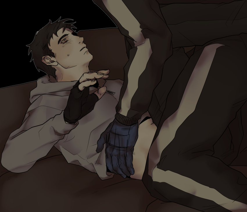 2boys absurdres afraid_of_monsters between_legs black_gloves brown_hair constricted_pupils couch cry_of_fear david_leatherhoff fingerless_gloves gloves grey_hoodie hand_on_another&#039;s_waist head_out_of_frame head_tilt highres hood hood_down hoodie implied_yaoi ju-san looking_at_another lying male_focus midriff multiple_boys nervous_sweating on_back on_couch outline outstretched_arms short_hair simon_henriksson sweat sweatdrop white_outline