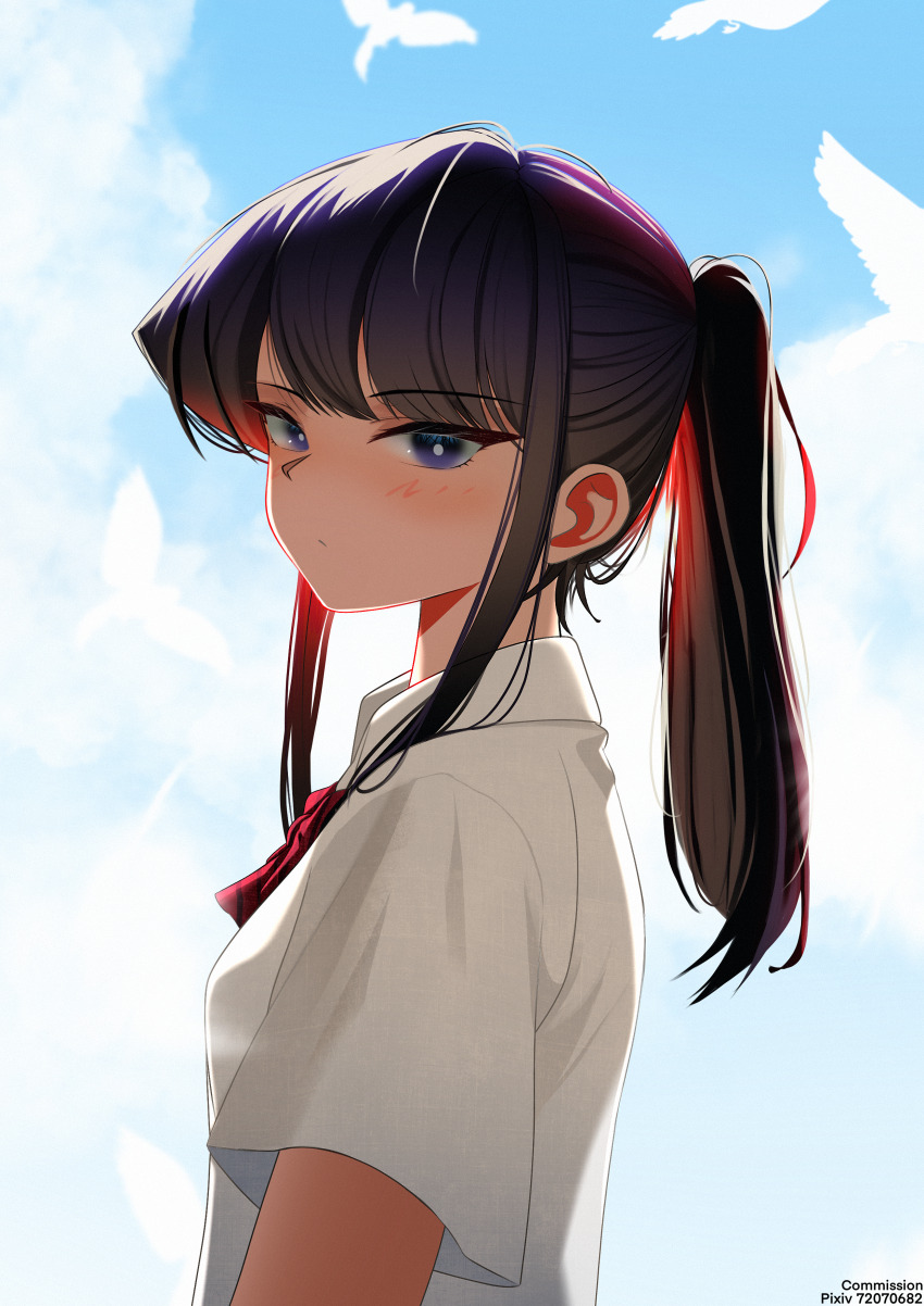 1girl absurdres bird black_hair blue_eyes blue_sky botttomtext bow closed_mouth collared_shirt day from_side highres komi-san_wa_komyushou_desu komi_shouko looking_at_viewer ponytail red_bow school_uniform shirt sky solo white_shirt