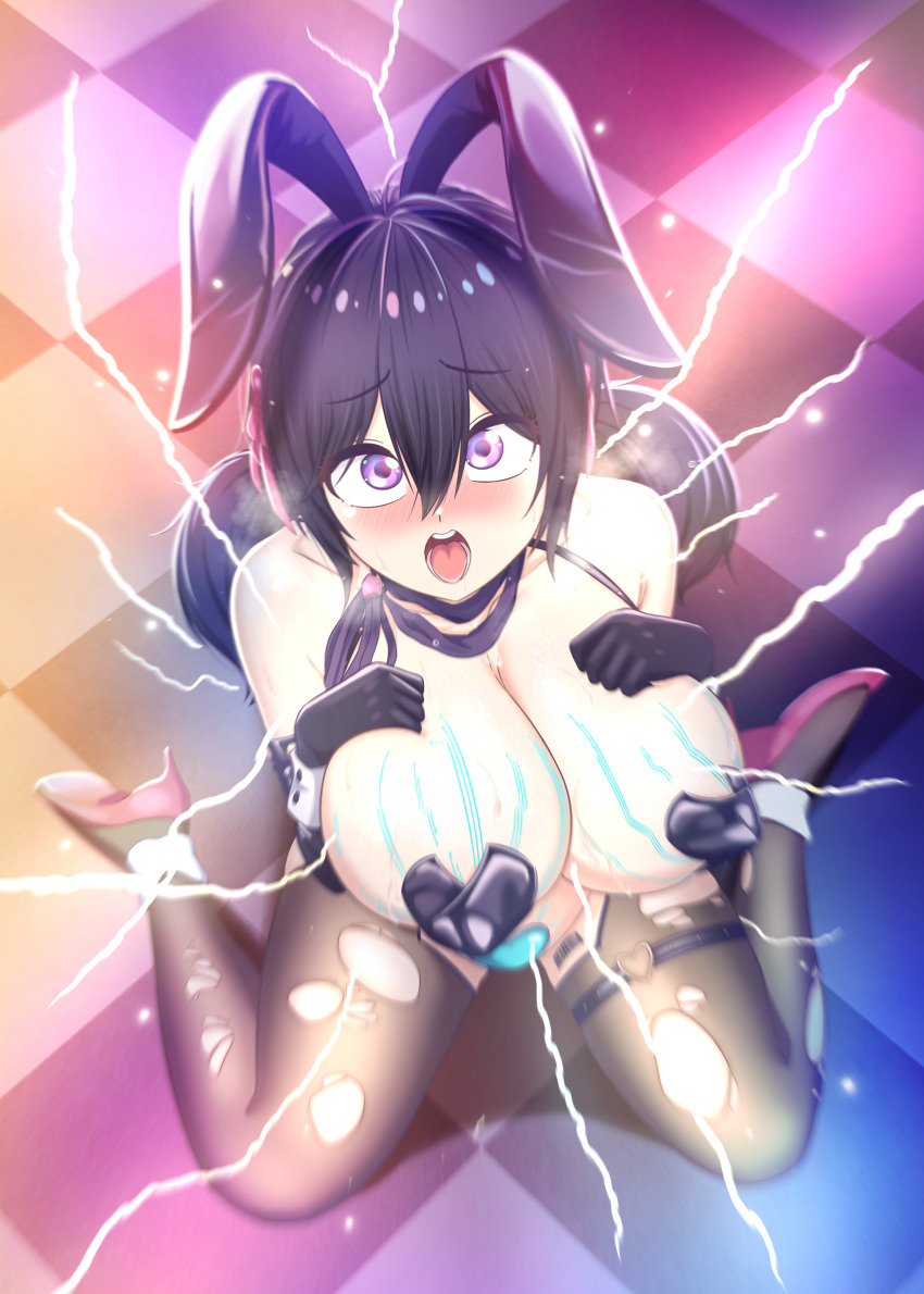1girl absurdres animal_ears breasts brown_dust_(series) brown_dust_2 checkered_floor circuit_board_print cleavage cross cross_pasties elbow_gloves electricity electrocution fake_animal_ears from_above full_body gloves glowing hair_between_eyes hands_on_own_chest heart_pasties high_heels highres huge_breasts large_variant_set loen_(brown_dust_2) loen_(celebrity_bunny)_(brown_dust_2) looking_up medium_hair meme_attire nekoshun open_mouth pantyhose pasties pink_shoes purple_hair rabbit_ears reverse_bunnysuit reverse_outfit shoes sitting solo stiletto_heels teeth torn_clothes torn_pantyhose variant_set wariza white_wrist_cuffs wrist_cuffs