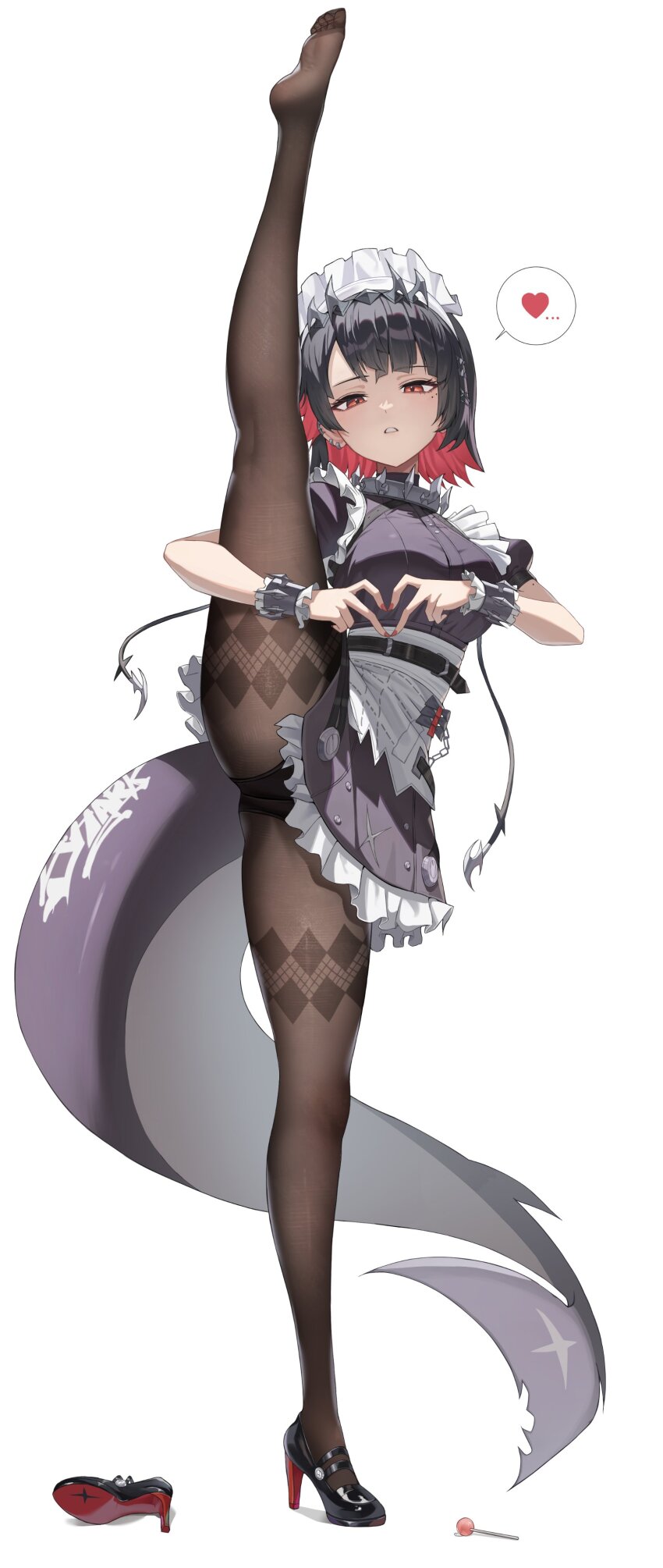 1girl absurdres black_hair black_pantyhose colored_inner_hair commentary earrings ellen_joe feet fingernails fins fish_tail full_body hair_between_eyes heart heart_hands high_heels highres jewelry looking_at_viewer maid maid_headdress mole mole_under_eye multicolored_hair nail_polish panties panties_under_pantyhose pantyhose parted_lips red_eyes red_hair red_nails revision shark_girl shark_tail short_hair sidelocks simple_background solo split spoken_heart standing standing_on_one_leg standing_split tail two-tone_hair underwear unnunal_(unneonal) white_background zenless_zone_zero