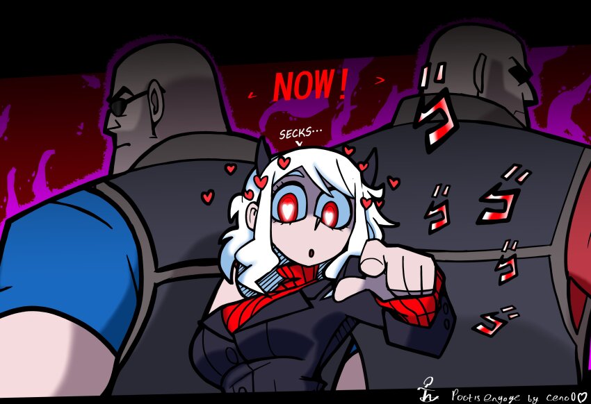 1girl 2boys absurdres blu_heavy_(tf2) blue_shirt commentary crossover english_commentary english_text heart heavy_(tf2) helltaker highres long_sleeves looking_at_viewer modeus_(helltaker) multiple_boys parted_lips pointing pointing_at_viewer pootis_engage red_eyes red_heavy_(tf2) red_shirt shirt short_sleeves sunglasses team_fortress_2 thieviusa translation_request white_hair