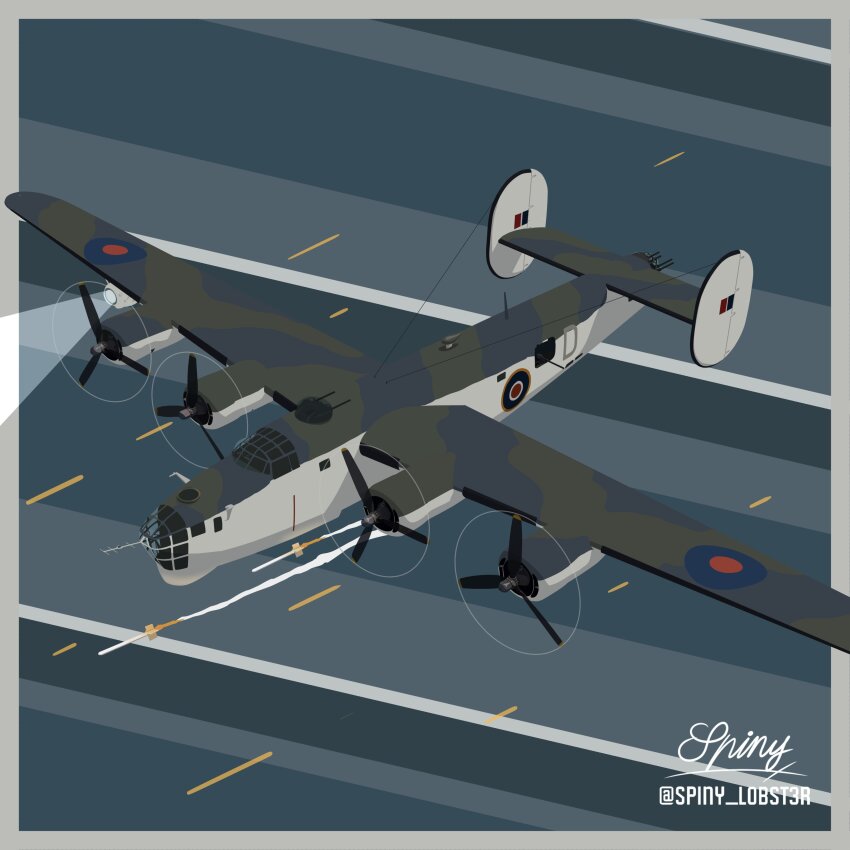 absurdres aircraft aircraft_turret airplane artist_name b-24_liberator bomber border browning_m2 commentary_request flying from_above gun heavy_machine_gun highres machine_gun military military_vehicle night night_sky no_humans ocean original projectile_trail propeller rocket royal_air_force sky spiny_(spiny_lobster) spotlight twitter_username under_fire vehicle_focus weapon white_border world_war_ii