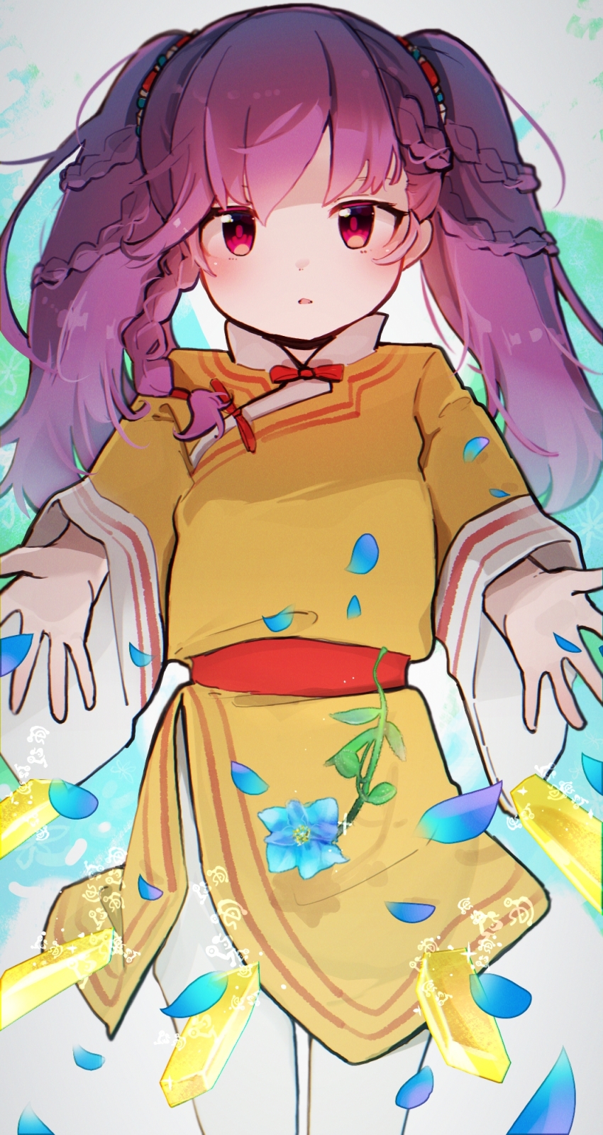 1girl blue_background blue_flower blush braid dolma_(madoka_magica) falling_petals flower gem highres kashi_neko long_sleeves looking_at_viewer magia_record:_mahou_shoujo_madoka_magica_gaiden mahou_shoujo_madoka_magica mandarin_collar medium_hair pantyhose parted_lips petals purple_hair reaching reaching_towards_viewer red_eyes red_sash sash shirt side_braid side_slit solo twintails waist_sash white_pantyhose yellow_gemstone yellow_shirt