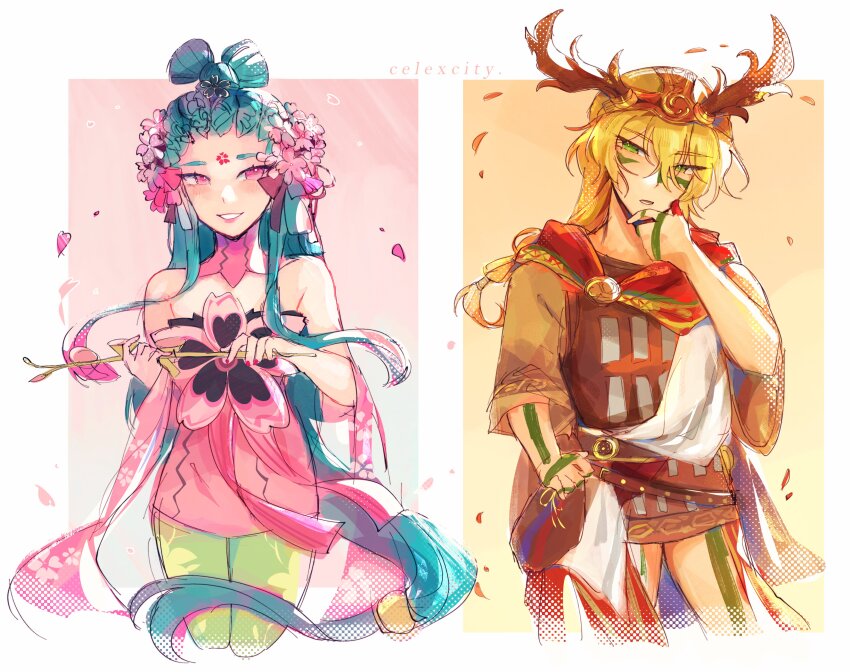 1boy 1girl absurdres antlers aqua_hair blonde_hair celexcity commentary dress fionn_mac_cumhaill_(megami_tensei) flower flute green_eyes green_pantyhose hair_flower hair_ornament hand_on_own_chin heart highres holding holding_flute holding_instrument horns instrument konohana_sakuya_(megami_tensei) open_mouth pantyhose pink_dress pink_eyes pink_flower shin_megami_tensei shin_megami_tensei_v shin_megami_tensei_v:_vengeance short_dress smile standing strapless strapless_dress thinking