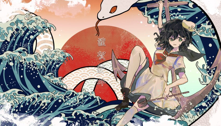 1girl anchor anchor_symbol arm_up black_footwear black_hair chinese_zodiac collared_shirt commentary fine_art_parody floating_hair green_eyes hat highres holding holding_ladle japanese_flag kanagawa_okinami_ura knee_up ladle looking_to_the_side mini_hat mitsusame murasa_minamitsu new_year parody sailor_hat shirt short_hair short_sleeves skirt smile snake symbol-only_commentary thighhighs touhou water waving white_hat white_shirt white_skirt white_snake white_thighhighs year_of_the_snake