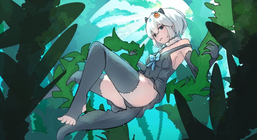 1girl animal_ears bare_shoulders blue_bow blue_eyes bow breasts californian_sea_otter_(kemono_friends) elbow_gloves extra_ears frilled_one-piece_swimsuit frills fur_collar gloves grey_gloves grey_one-piece_swimsuit grey_thighhighs highres kemono_friends medium_breasts one-piece_swimsuit otter_ears otter_girl otter_tail sasa_fune seaweed shell_hair_ornament short_hair solo spade_(shape) stirrup_legwear swimsuit tail thighhighs toeless_legwear underwater white_fur white_hair