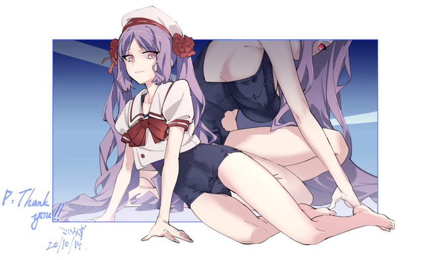 2girls barefoot beret breasts commission dated fate/grand_order fate_(series) forehead glowing glowing_eyes hat highres koimizu large_breasts long_hair medusa_(fate) medusa_(rider)_(fate) multiple_girls one-piece_swimsuit one_eye_covered puffy_short_sleeves puffy_sleeves purple_eyes purple_hair red_eyes sailor_collar sailor_shirt school_swimsuit shirt short_sleeves sideboob signature sitting skeb_commission smile stheno_(fate) swimsuit thank_you twintails very_long_hair white_hat white_shirt yokozuwari
