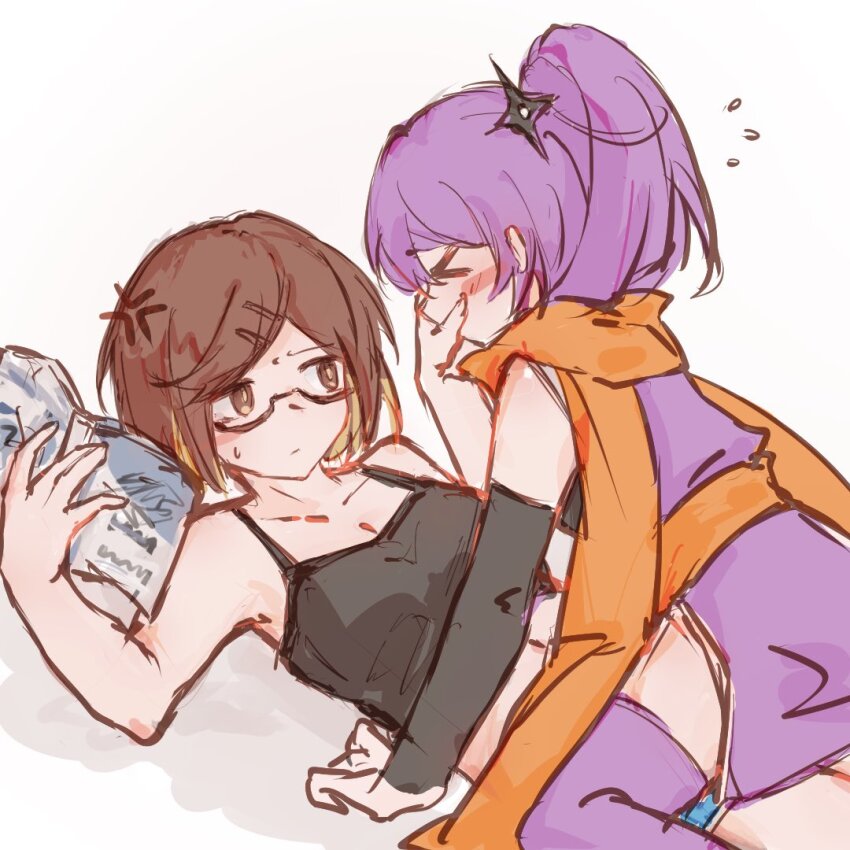 &gt;_&lt; 2girls anger_vein bare_arms black_camisole book brown_eyes brown_hair camisole detached_sleeves flying_sweatdrops glasses holding holding_book japanese_clothes kimono koga_konoha kusagakure_satoko multiple_girls ninja ninja_to_koroshiya_no_futarigurashi orange_scarf ponytail purple_hair purple_kimono purple_thighhighs scarf short_hair short_kimono shuriken_hair_ornament simple_background sleeveless sleeveless_kimono straddling stringtheoryszn thighhighs white_background yuri