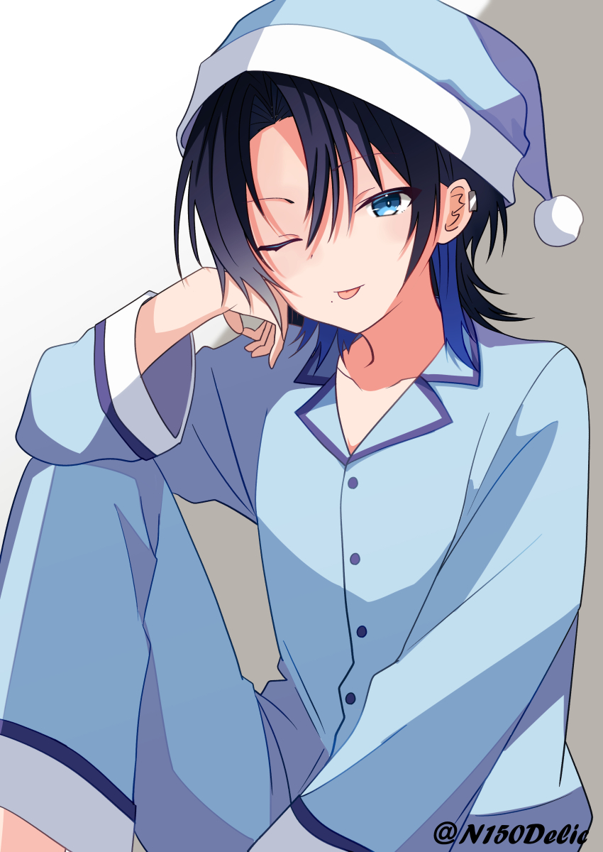1girl absurdres alternate_costume black_hair blue_eyes blue_hair blue_pants blue_shirt earclip grey_background hat highres hiodoshi_ao hololive hololive_dev_is ichigomaru_d knee_up looking_at_viewer multicolored_hair nightcap pants shirt sleepwear solo tongue tongue_out two-tone_background two-tone_hair virtual_youtuber white_background wolf_cut