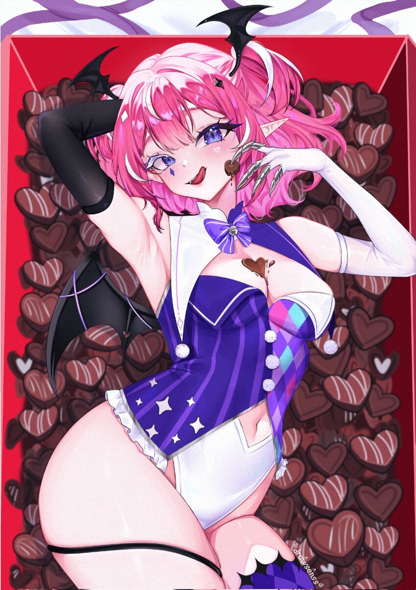 1girl arm_behind_head armpits artist_name black_gloves black_wings bow bowtie box box_of_chocolates camila&#039;s_valentine&#039;s_day_art_contest camila_(vtuber) candy chocolate chocolate_heart chocolate_on_body chocolate_on_breasts corrupted_twitter_file diamond_facial_mark drowsenss facial_mark food food_on_body gloves hair_ornament head_wings heart heart-shaped_food heart_facial_mark highres indie_virtual_youtuber leotard pink_hair pointy_ears pom_pom_(clothes) purple_bow purple_bowtie purple_eyes purple_thighhighs single_thighhigh solo striped_bow striped_bowtie striped_clothes thighhighs tongue virtual_youtuber white_gloves white_leotard wings
