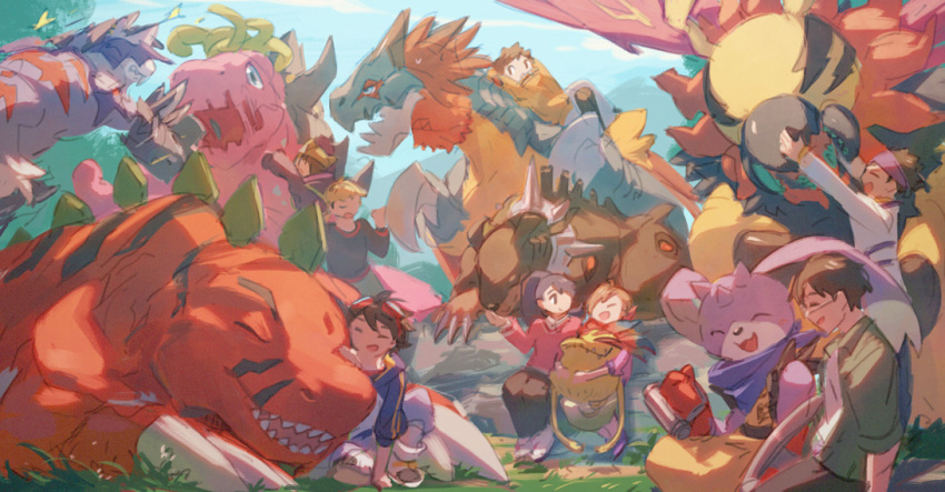 closed_eyes diatrymon digimon digimon_survive dobermon flymon glasses goggles goggles_on_head happy hinata_minoru kayama_shuuji kimishima_saki looking_at_another momotsuka_takuma sangloupmon sharp_teeth shellmon shibuya_aoi shinonome_kaito shinonome_miu smile teeth tominaga_ryo turuiemon tyrannosaurus_rex tyranomon vegimon