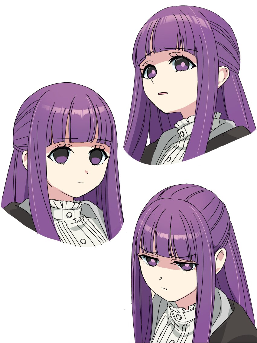 1girl absurdres blunt_bangs closed_mouth commentary_request cropped_torso empty_eyes multiple_expressions fern_(sousou_no_frieren) glaring highres kanipoposu long_hair looking_at_viewer multiple_views parted_lips portrait purple_eyes purple_hair sidelocks simple_background sousou_no_frieren straight_hair white_background