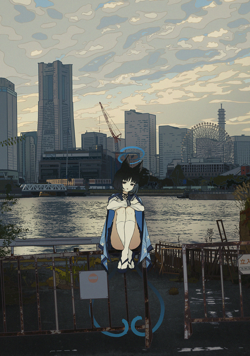1girl bakeneko black_choker black_eyes black_hair blue_archive blue_halo blue_haori blue_sailor_collar blue_skirt bright_pupils cat_girl choker cityscape comiket_105 commentary_request crane_(machine) ferris_wheel halo haori highres japanese_clothes kikyou_(blue_archive) looking_at_viewer multiple_tails nekomata nkymyura no_entry_sign outdoors ribbon_choker road_sign sailor_collar school_uniform serafuku shirt short_hair sign sitting skirt socks solo tabi tail two_tails white_shirt white_socks
