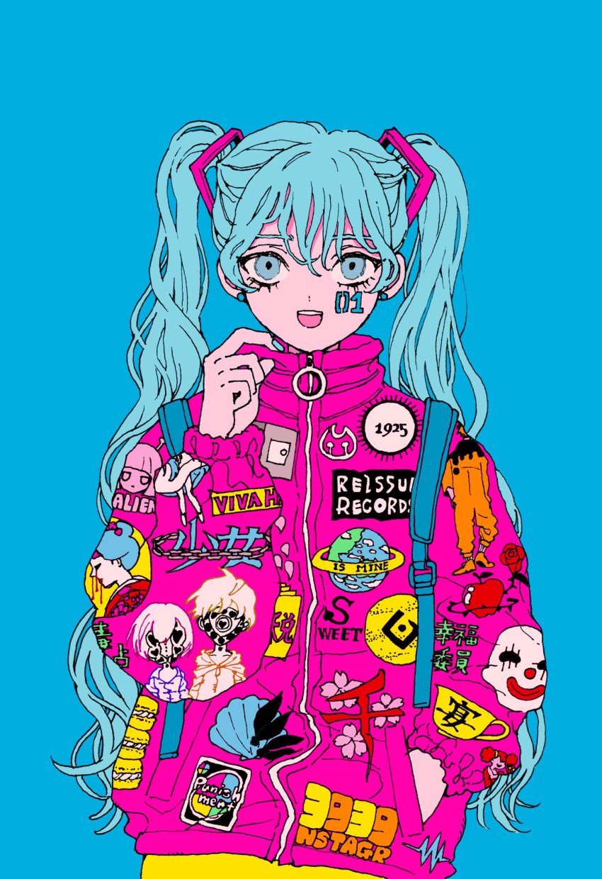 1girl alternate_costume aqua_eyes aqua_hair bad_id bad_twitter_id blue_background cup dddddestroy female_focus hand_in_pocket hatsune_miku highres jacket karakuri_pierrot_(vocaloid) kochira_koufuku_anshin_iinkai_desu_(vocaloid) long_hair long_sleeves looking_at_viewer nisoku_hokou_(vocaloid) open_mouth pink_jacket print_jacket raspberry_monster_(vocaloid) shinkai_shoujo_(vocaloid) simple_background smile solo teacup twintails upper_body vocaloid