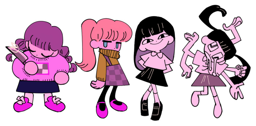 4girls 6_9 alpha_transparency black_hair body_horror braid checkered_clothes commentary crossed_arms crossed_legs dripping_eye english_commentary extra_arms holding holding_knife knife madotsuki monoe monoko multiple_girls pink_sweater poniko ponytail saliva sweater twin_braids twintails wildcatfourteen yume_nikki