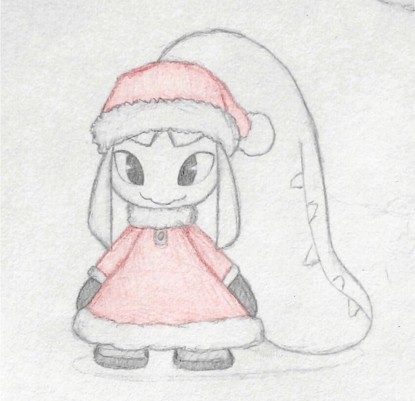 1girl absurdly_long_hair arms_at_sides black_shoes closed_mouth clothed_pokemon dress extra_mouth female_focus flat_chest full_body fur-trimmed_dress fur-trimmed_hat fur_collar fur_trim gen_3_pokemon hat long_dress long_hair long_sleeves looking_at_viewer mawaifu mawile nintendo partially_colored pokemon pokemon_(creature) pom_pom_(clothes) ponytail red_dress red_hat santa_costume santa_dress santa_hat sharp_teeth shoes sidelocks simple_background solo standing straight-on teeth traditional_media very_long_hair white_background winter_clothes