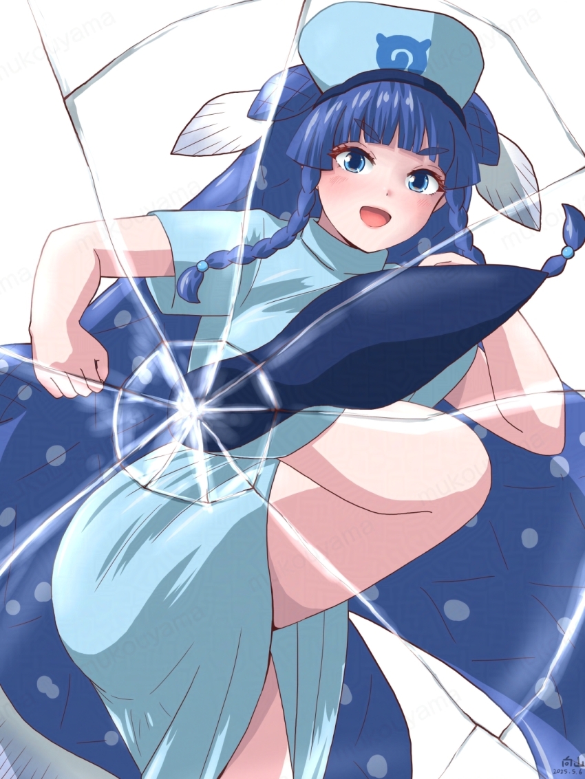 1girl blue_dress blue_hair blue_shoes blunt_bangs blush braid broken_glass coelacanth_(kemono_friends) cowboy_shot dress fins fish_girl fish_tail glass hat head_fins high_collar high_heels highres japari_symbol kemono_friends kemono_friends_3 kicking long_hair looking_at_viewer mukouyama_mu multicolored_hair nurse nurse_cap official_alternate_costume open_mouth pov shoes short_sleeves side_braid sidelocks smile solo standing standing_on_one_leg tail white_hair