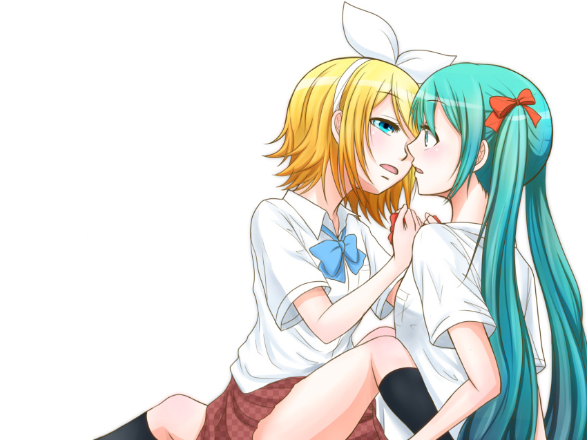 2girls aqua_eyes blonde_hair bow bowtie eye_contact gazeichi green_eyes green_hair hair_ribbon hatsune_miku highres kagamine_rin kneehighs long_hair looking_at_another multiple_girls open_mouth ribbon short_hair sitting skirt socks twintails vocaloid white_background yuri