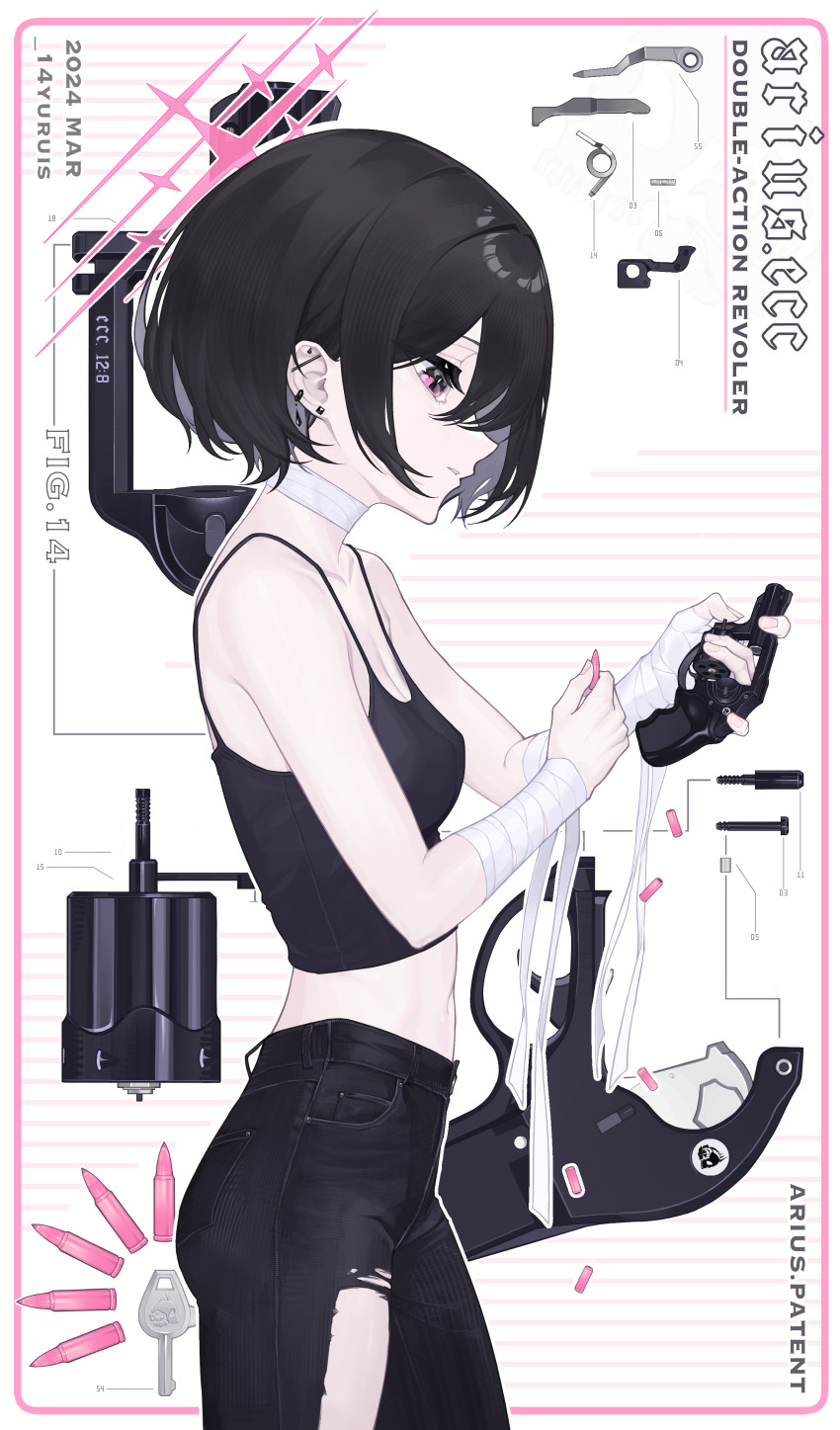 14yuruis 1girl absurdres bandaged_arm bandaged_neck bandages black_tank_top blue_archive brown_hair bullet disassembly ear_piercing earrings from_side gun halo handgun highres jewelry misaki_(blue_archive) navel pants piercing pink_eyes pink_halo revolver ruger_lcr short_hair solo tank_top weapon white_background