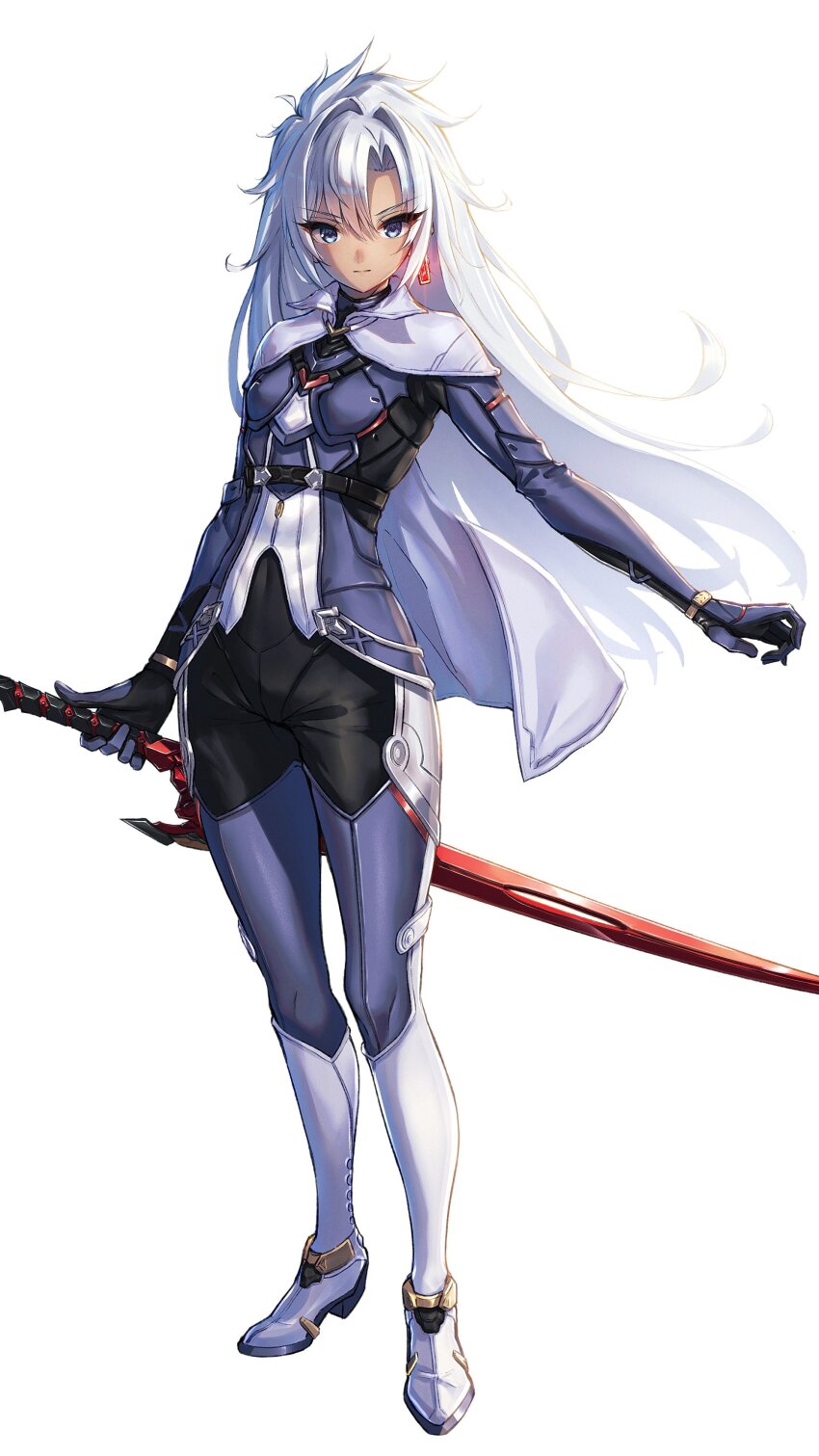 1girl a_(xenoblade) absurdres armor blue_eyes earrings full_body hakusai_(hksicabb) highres holding holding_sword holding_weapon jewelry long_hair looking_at_viewer single_earring smile solo sword weapon white_background white_hair xenoblade_chronicles_(series) xenoblade_chronicles_3 xenoblade_chronicles_3:_future_redeemed