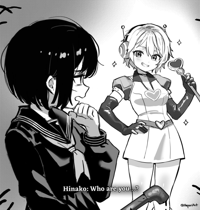 2girls absurdres blush breasts character_request elbow_gloves gloves grin headphones hepari highres holding holding_lead_pipe lead_pipe looking_at_another medium_breasts multiple_girls neckerchief open_mouth parted_lips shimizu_hinako short_hair silent_hill_(series) silent_hill_f smile teeth twitter_username