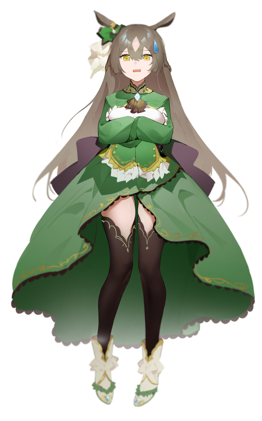 1girl absurdres animal_ears black_thighhighs boots brown_hair dress full_body green_dress hako_(misheyes) highres horse_ears horse_girl horse_tail long_hair satono_diamond_(umamusume) solo standing tail tears thighhighs umamusume white_background