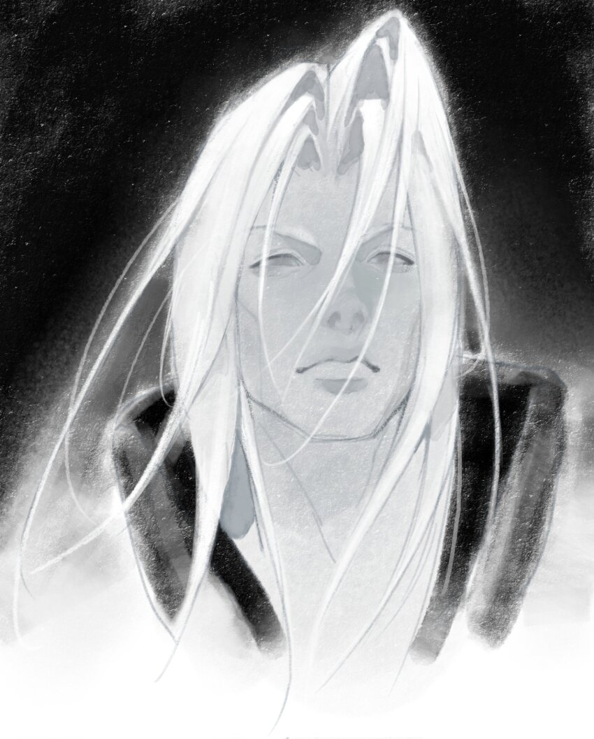 1boy bishounen closed_mouth cropped_shoulders curtained_hair final_fantasy final_fantasy_vii frown greyscale hair_between_eyes high_collar highres long_hair looking_ahead male_focus monochrome popped_collar portrait sephiroth shyuuwei solo very_long_hair