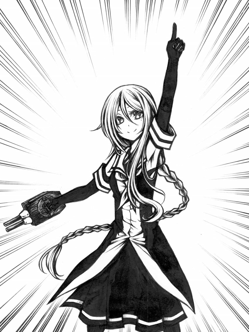 1girl bad_id bad_pixiv_id braid braided_ponytail commentary_request elbow_gloves emphasis_lines female_focus gloves greyscale hair_between_eyes highres holding holding_turret kamina_pose kantai_collection long_hair looking_at_viewer mole mole_under_eye monochrome neckerchief nib_pen_(medium) pen_(medium) pleated_skirt pointing pointing_up sailor_collar school_uniform serafuku ship_turret sidelocks simple_background skirt smile solo todoroki traditional_media turret umikaze_(kancolle) white_background