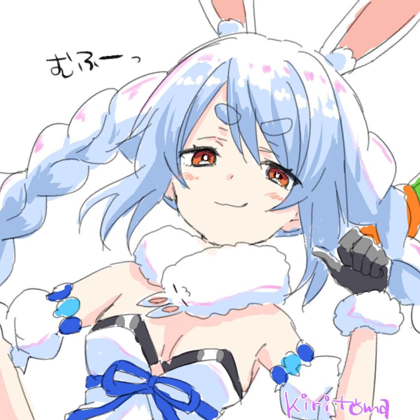 1girl animal_ear_fluff animal_ears bare_shoulders black_gloves black_leotard blue_hair blush braid breasts brown_eyes carrot_hair_ornament closed_mouth commentary_request detached_sleeves don-chan_(usada_pekora) dress food-themed_hair_ornament fur-trimmed_gloves fur_trim gloves hair_between_eyes hair_ornament hand_up highres hololive kiritoma leotard long_hair pointing pointing_at_self puffy_short_sleeves puffy_sleeves rabbit-shaped_pupils rabbit_ears short_eyebrows short_sleeves signature simple_background small_breasts smile solo strapless strapless_dress strapless_leotard symbol-shaped_pupils thick_eyebrows translation_request twin_braids twintails upper_body usada_pekora usada_pekora_(1st_costume) very_long_hair virtual_youtuber white_background white_dress white_sleeves