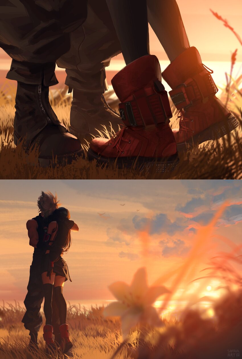 1boy 1girl absurdres baggy_pants bare_shoulders bird black_gloves black_hair black_skirt black_thighhighs blonde_hair blurry blurry_foreground boots cloud cloud_strife cloudy_sky commentary couple crop_top elbow_gloves english_commentary final_fantasy final_fantasy_vii final_fantasy_vii_remake flower full_body gloves grass height_difference highres horizon hug kiss long_hair lower_body miniskirt narrow_waist ocean orange_sky outdoors pants red_footwear safaia single_bare_shoulder skirt sky sleeveless sleeveless_turtleneck spiked_hair standing sun sunset sweater tank_top thighhighs tifa_lockhart tiptoes turtleneck turtleneck_sweater white_tank_top yellow_flower zettai_ryouiki